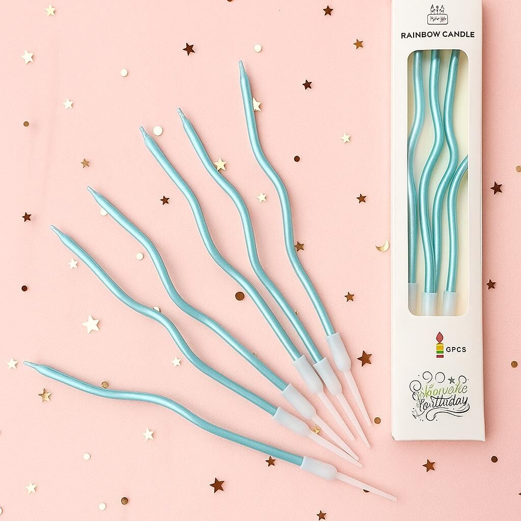 Mavi Kıvrık Spiral Pasta Mumu 6 Adet