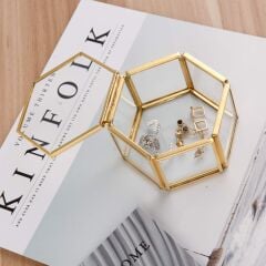 Altın Altıgen Cam Metal Yüzük Kutusu