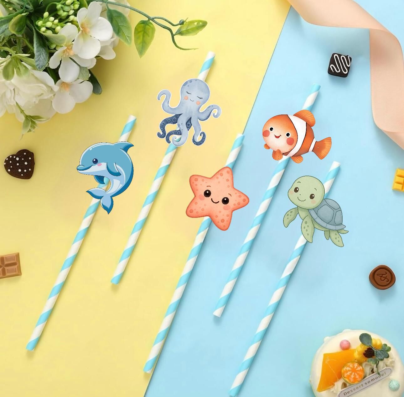 Deniz Teması Fiğürlü Kağıt Pipet 10 Adet