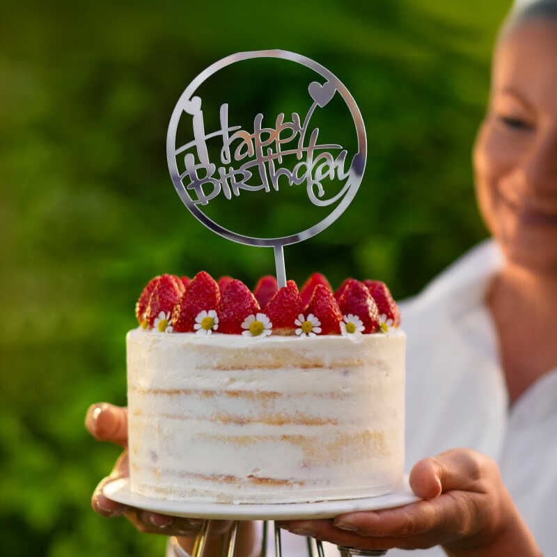 Gümüş Çember Happy Birthday Pleksi Pasta Süsü
