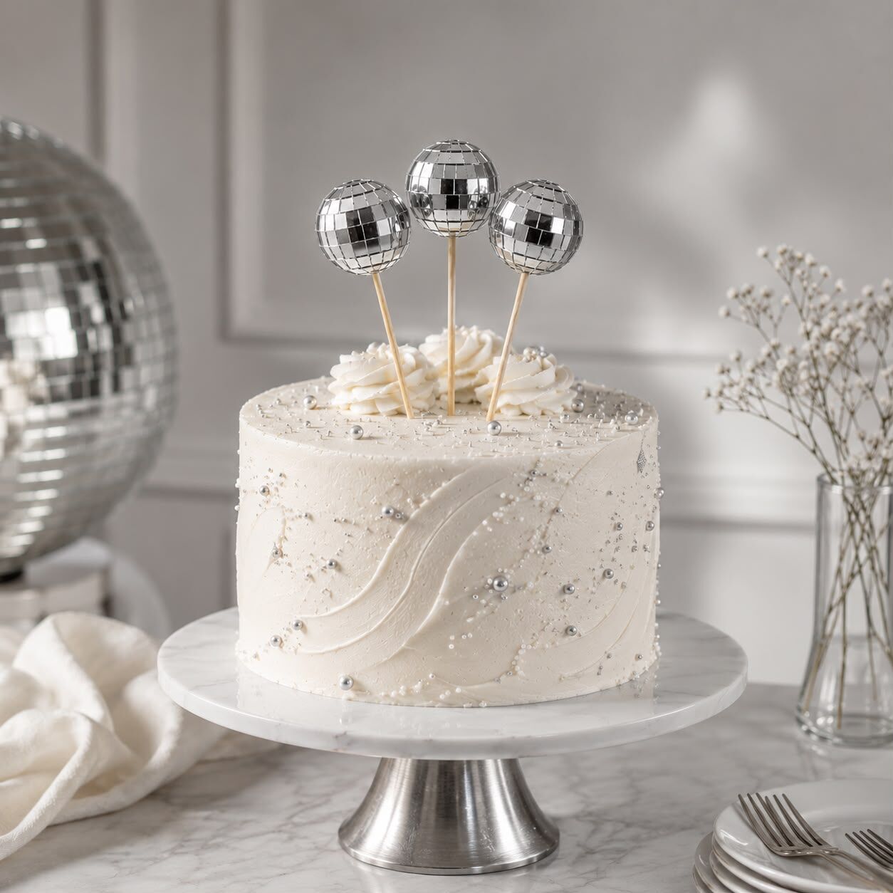 4cm Gümüş Disco Topu Pasta Süsü 1 Adet