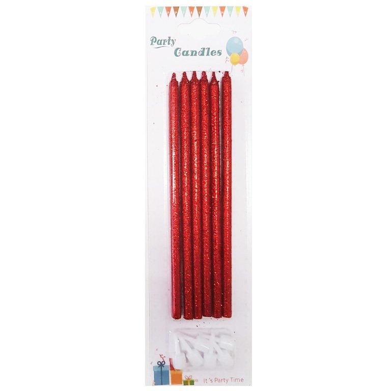 Kırmızı Simli Pasta Mumu 6 Adet