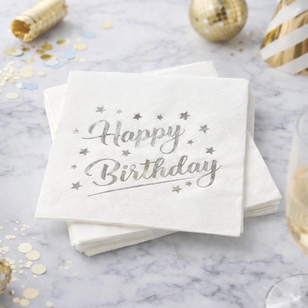 Gümüş Happy Birthday Varaklı Kağıt Peçete 16 Adet