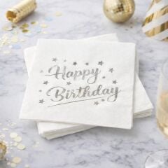 Gümüş Happy Birthday Varaklı Kağıt Peçete 16 Adet