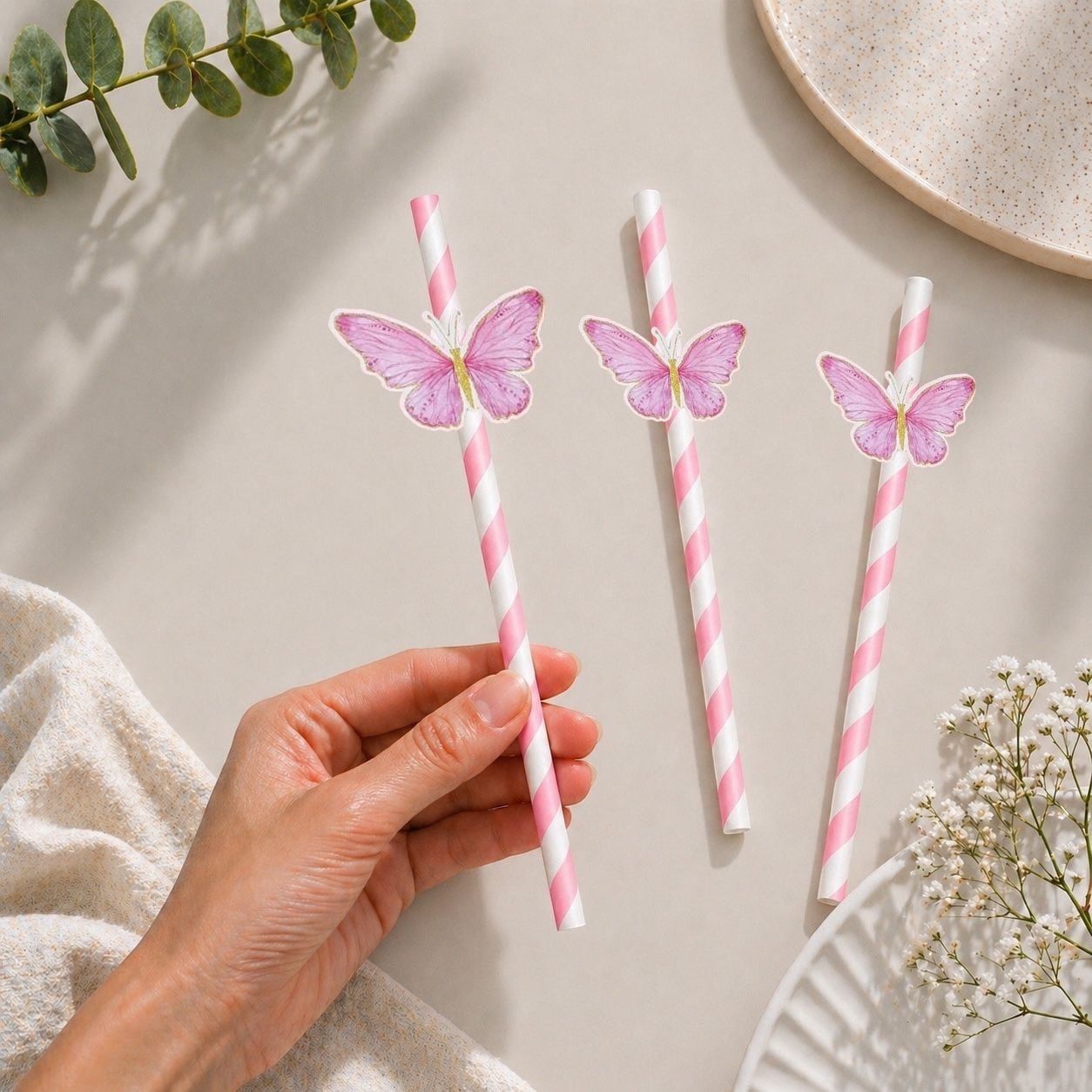 Pembe Kelebek Fiğürlü Kağıt Pipet 10 Adet