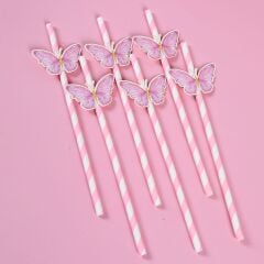 Pembe Kelebek Fiğürlü Kağıt Pipet 10 Adet