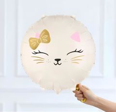Krem Yuvarlak Kedi Temalı Folyo Balon