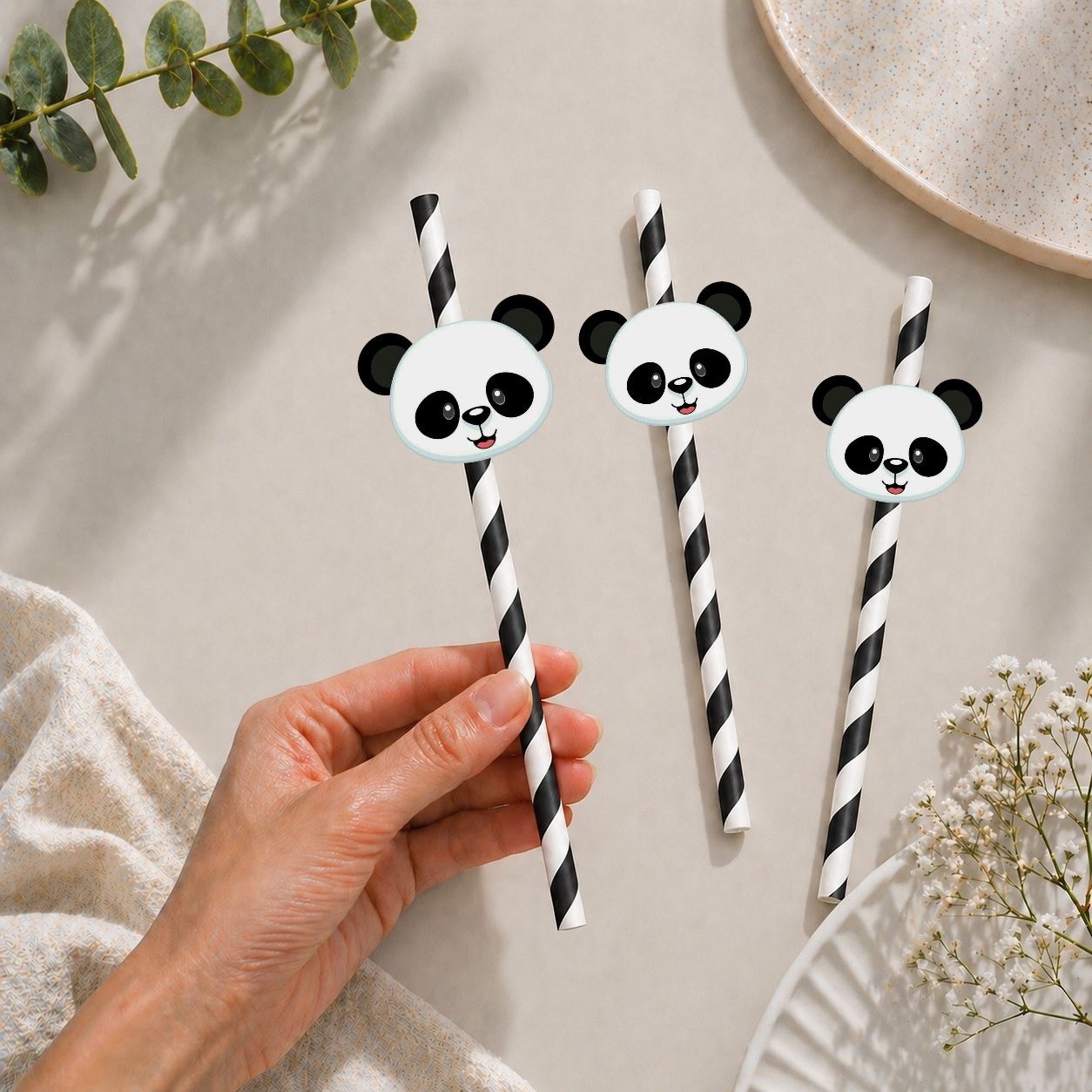Panda Fiğürlü Kağıt Pipet 10 Adet