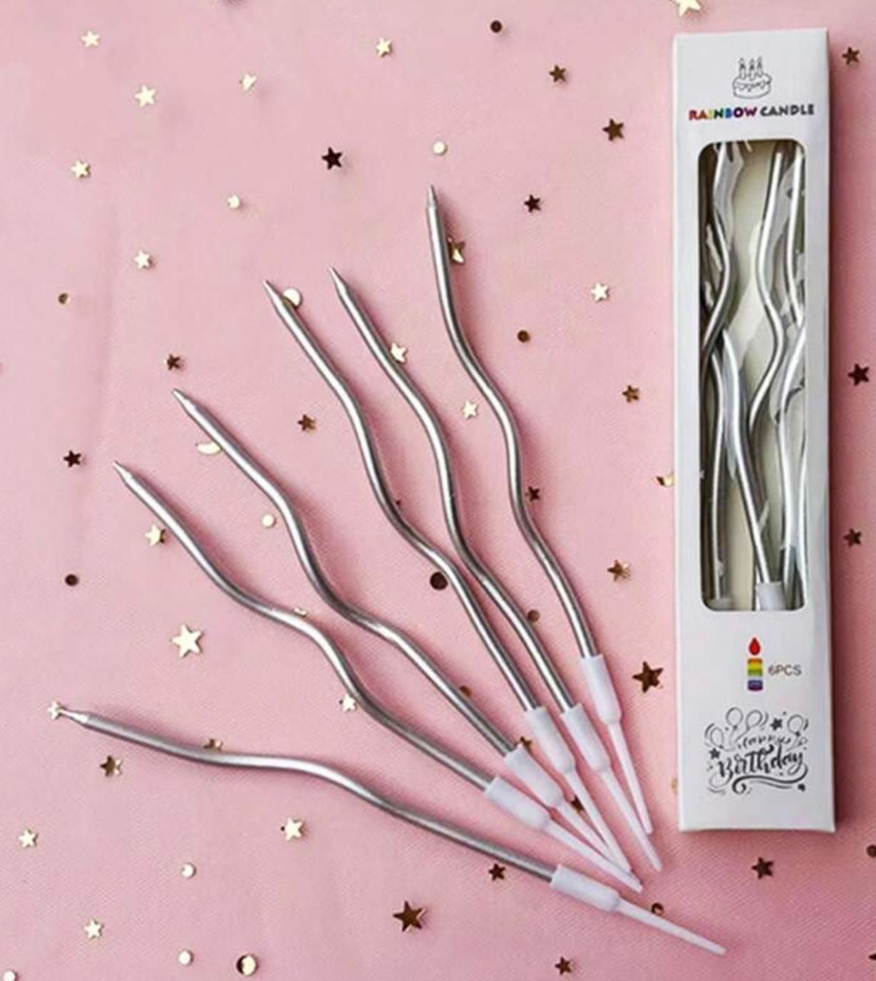 Gümüş Kıvrık Spiral Pasta Mumu 6 Adet